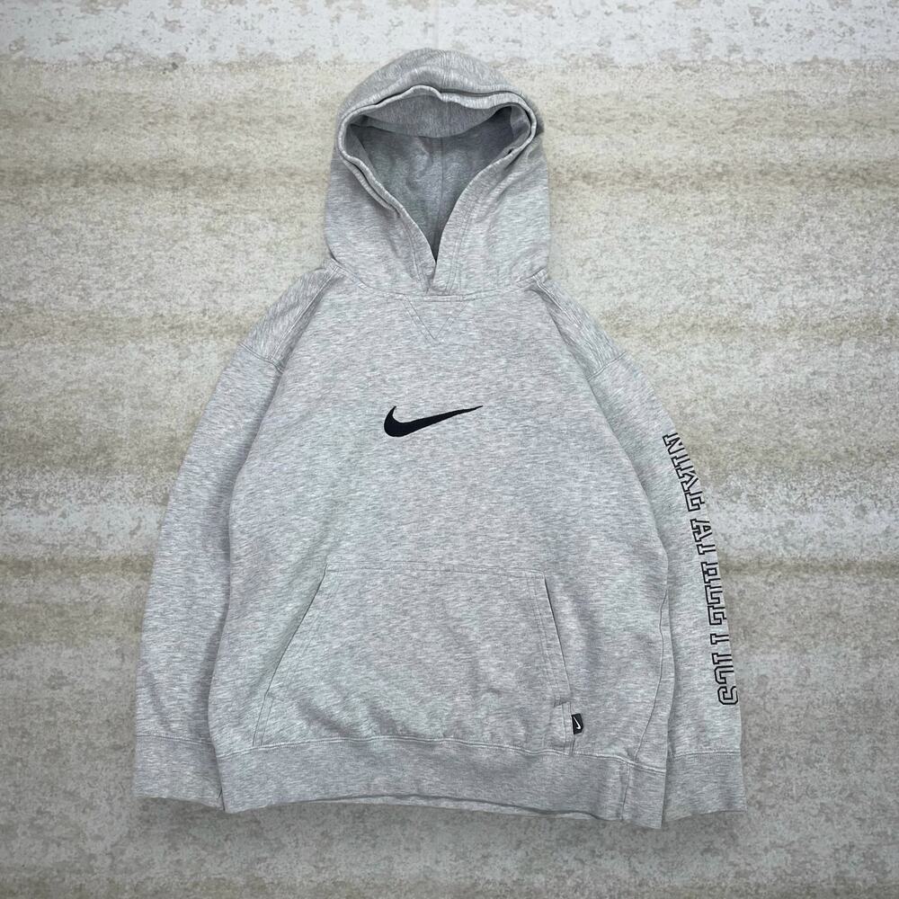 Vintage Y2K Nike Hoodie Youth L Light Grey Cotton Black Center Swoosh Logo